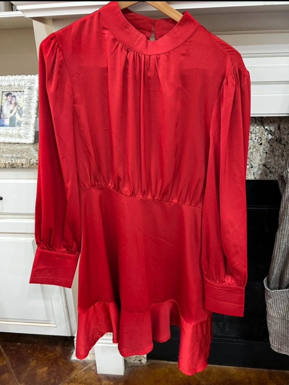 Red Long-Sleeve Ruffle-Hem Mini Dress - Picture 2 of 7